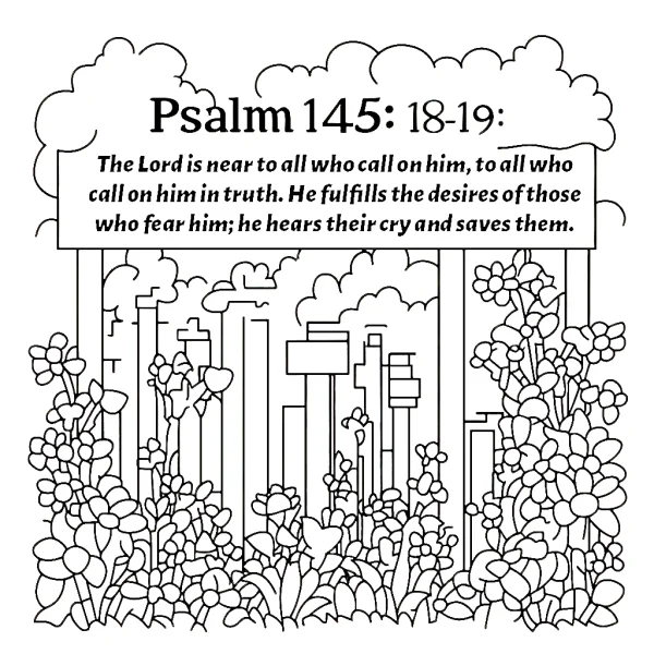 Urban skyline with various flowers and plants at the foreground, fine smooth outlines — free printable natural flowers coloring book page