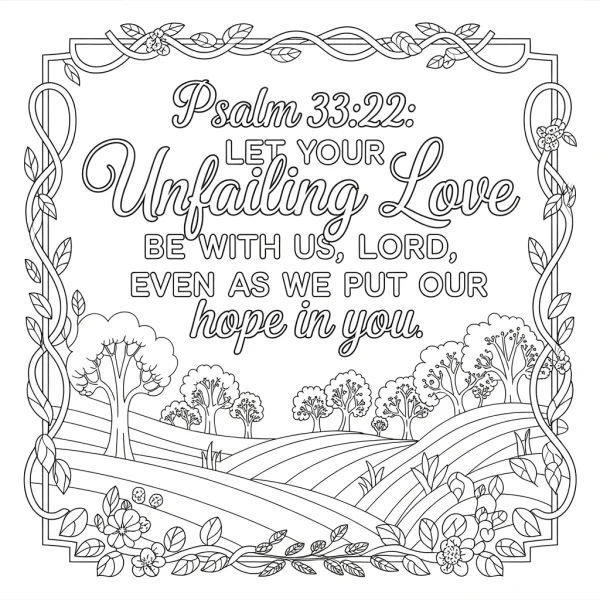 Bible verse psalm 33:22 with pastoral landscape, rolling hills — free printable spiritual comfort coloring book page