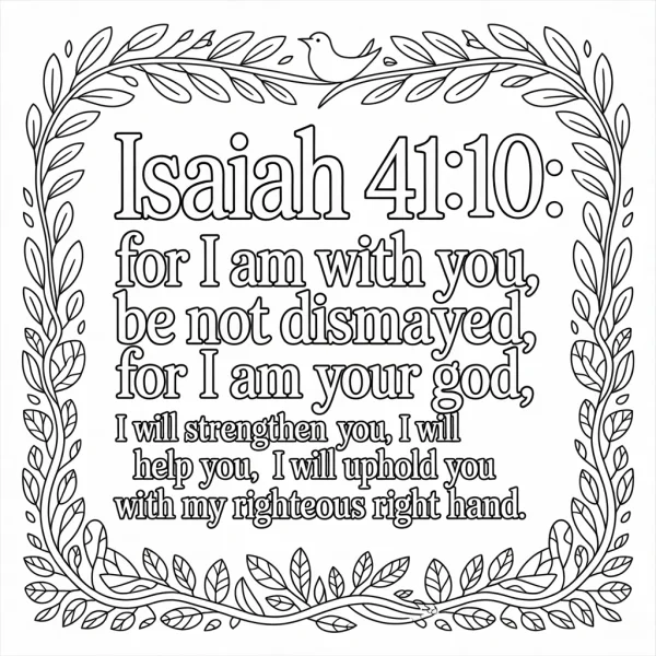Of bible verse isaiah 41:10 framed by intricate leaf wreath with a small bird perched on top, fine clean organic lines — free printable coloring page