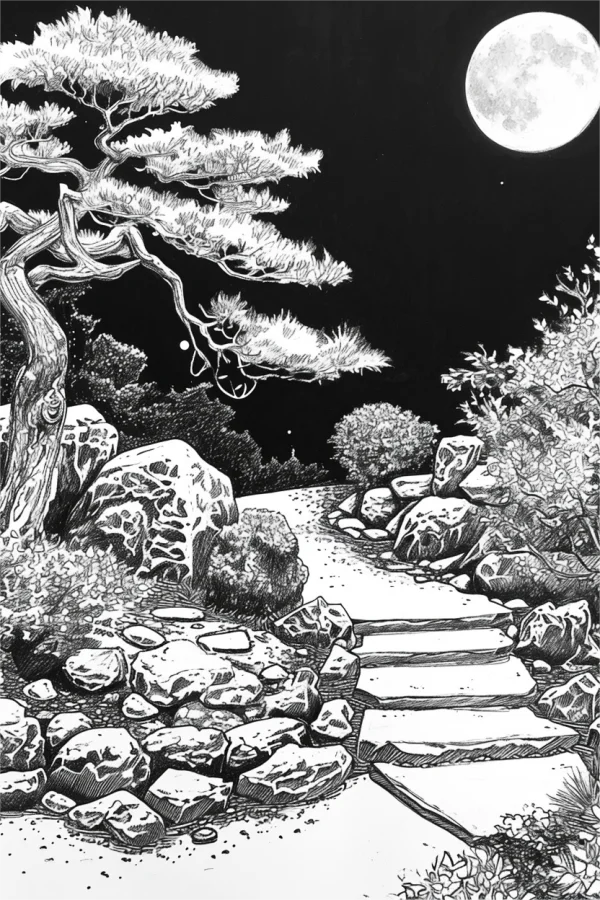 Moonlit japanese garden path, japanese style — free printable night scene coloring book page