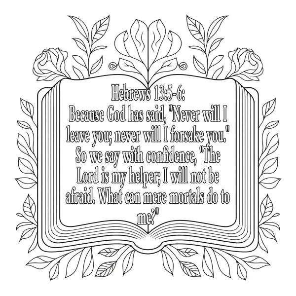 Open book with religious scripture from hebrews 13:5-6, decorative art style — free printable books coloring book page