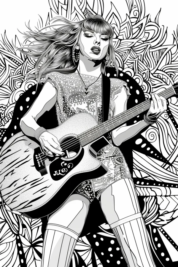 Female singer playing acoustic guitar, realistic illustration style — free printable stars coloring book page