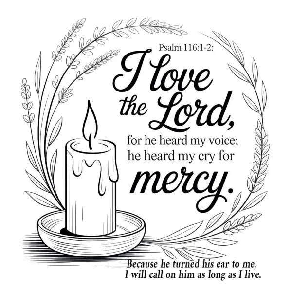 Coloring book page, candle with religious scripture wreath — free printable spiritual healing coloring book page