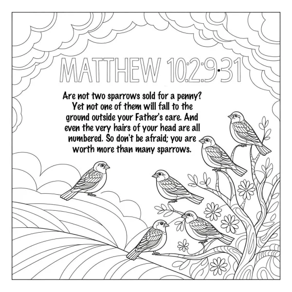Group of birds perched on branches with bible verse matthew 10:29-31, natural outdoor scene with trees — free printable coloring page