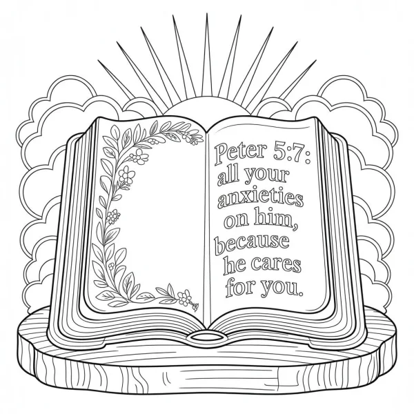 Open bible with peter 5:7 verse, decorated with floral vines — free printable spiritual healing coloring book page