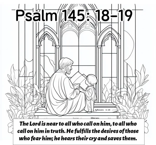 Adult man and child reading scriptures together, gothic church window background — free printable parent-child coloring book page
