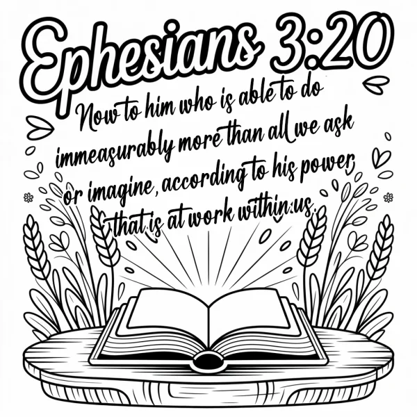 Open book with ephesians 3:20 scripture, hand-drawn style — free printable motivational quotes coloring book page