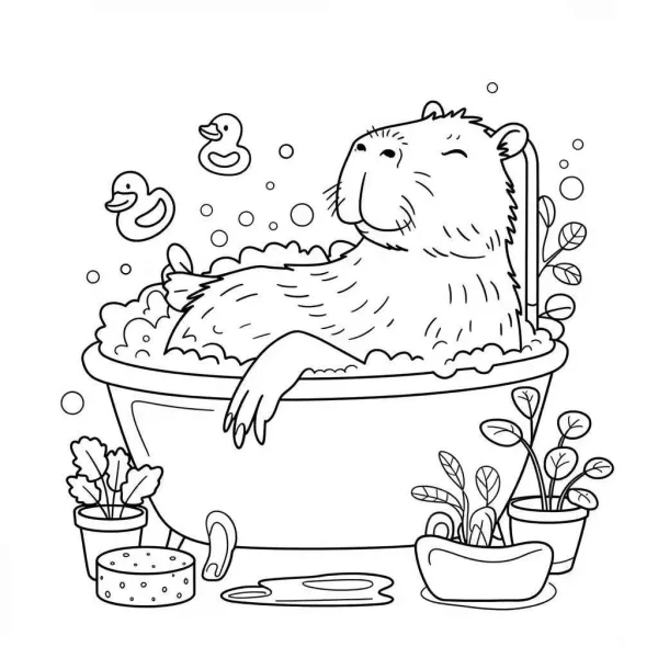 Capybara taking a bath in bathtub, cartoon style — free printable mammals coloring book page