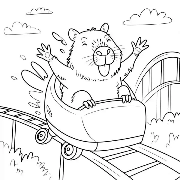 Capybara riding a roller coaster, cartoon style — free printable amusement park coloring book page