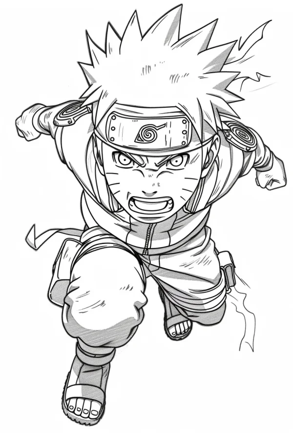 Angry naruto uzumaki in running pose, anime style — free printable ninja coloring book page