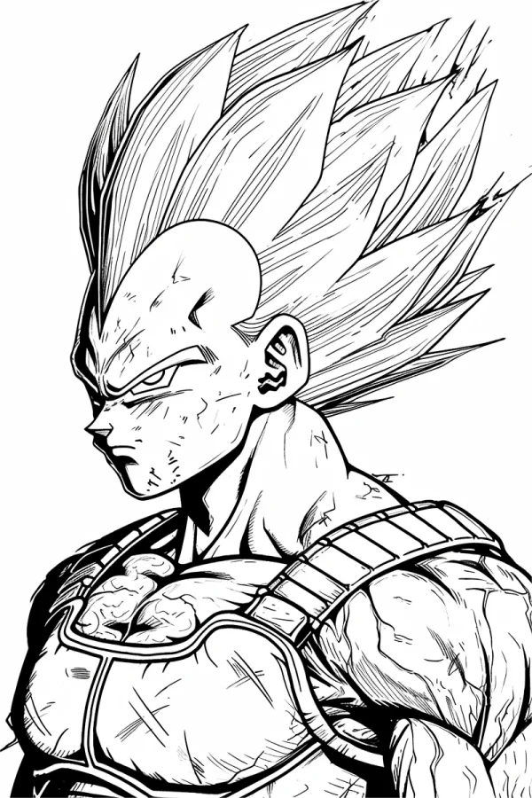 Super saiyan vegeta with scars, anime sketch style — free printable combat coloring book page