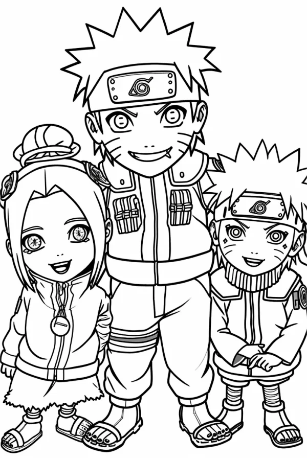 Chibi naruto, sakura and another ninja character from naruto anime — free printable ninja coloring book page