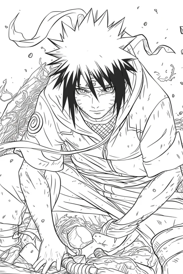 Anime character uchiha sasuke from naruto, anime style — free printable combat coloring book page
