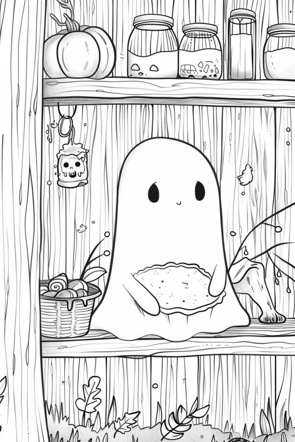 Cute ghost holding a pie, cartoon style — free printable coloring page