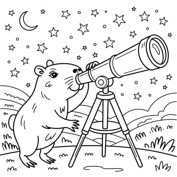 Capybara stargazing with a telescope on tripod, cartoon style — free printable astronomy coloring book page