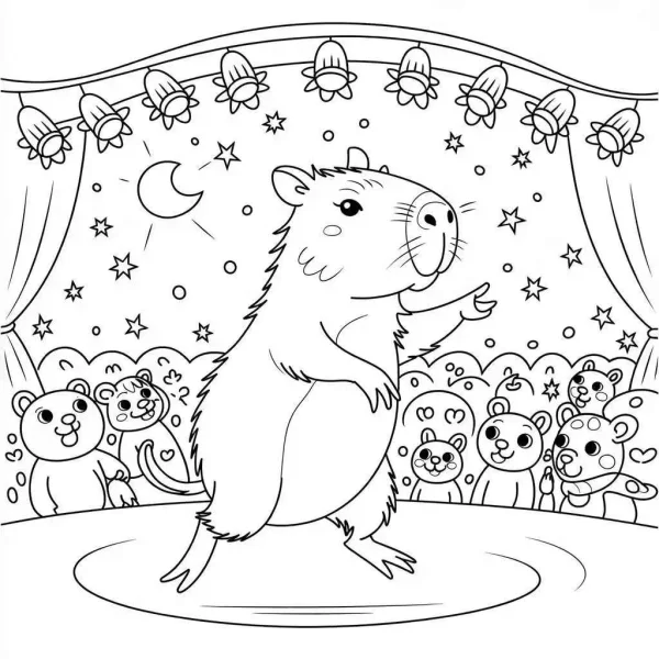 Capybara performing on stage, cartoon style — free printable performance coloring book page