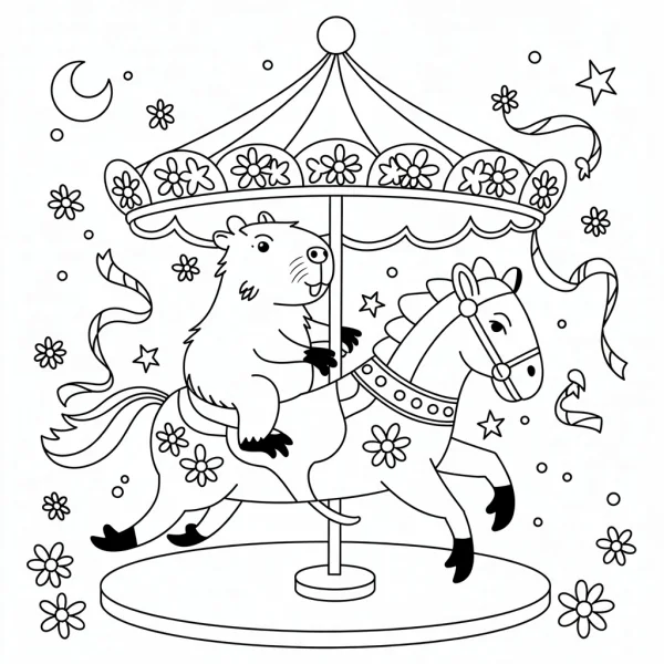 Capybara riding a carousel horse, cartoon fairy tale style — free printable theme park coloring book page