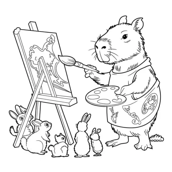 Cute capybara painting on easel with rabbits and kitten watching, cartoon style — free printable parent-child interaction coloring book page