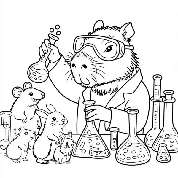 Coloring book page, anthropomorphic capybara scientist wearing goggles and lab coat — free printable scientists coloring book page