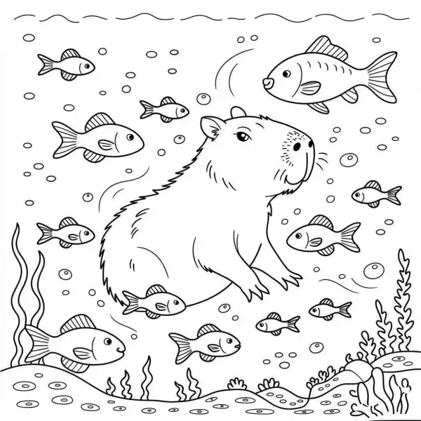 Capybara underwater surrounded by various fish, cartoon style — free printable mammals coloring book page