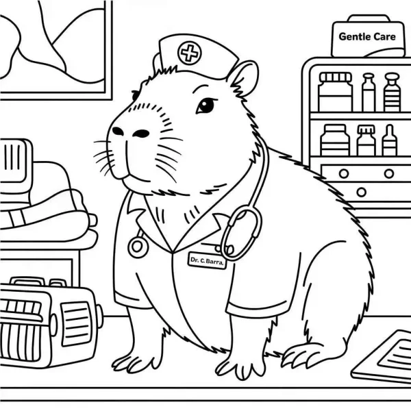 Capybara doctor wearing medical cap and stethoscope, cartoon style — free printable doctor coloring book page