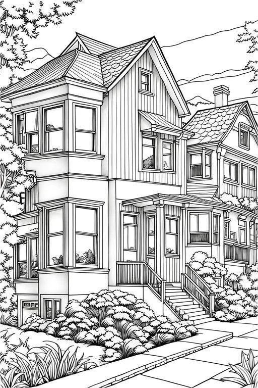 American-style garden townhouse, realistic illustration style — free printable residential coloring book page