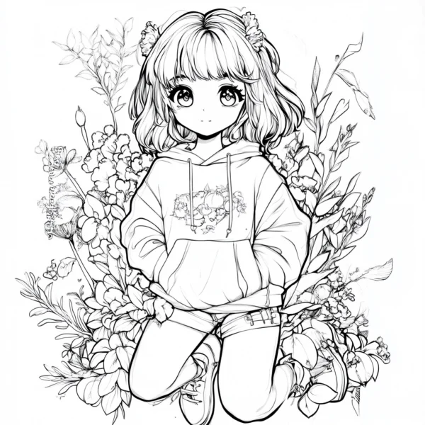 Cute cartoon girl with bangs and curly hair, wearing hoodie and shorts — free printable coloring page