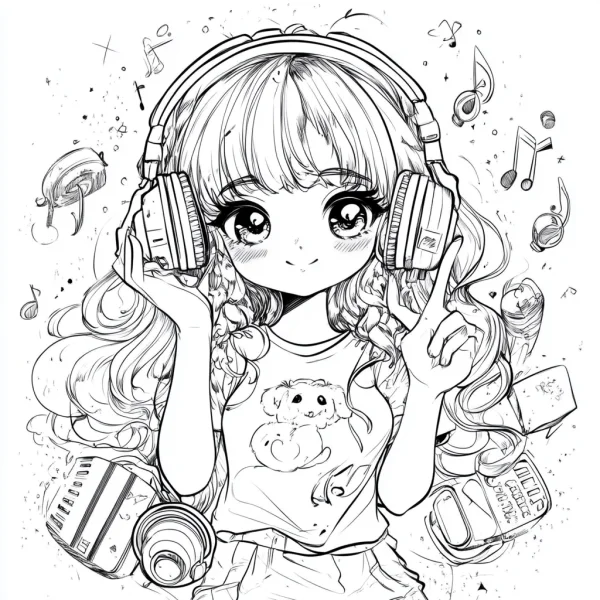 Coloring book page, cute cartoon girl with headphones — free printable cartoon characters coloring book page