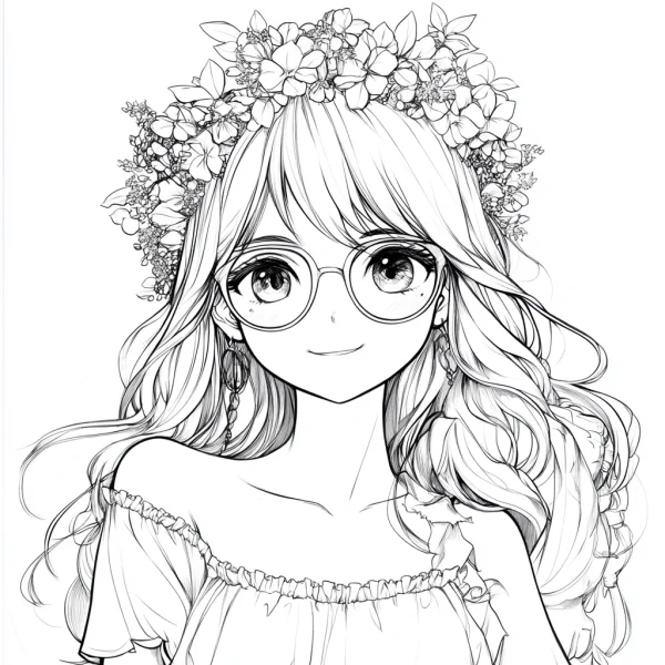 Cute cartoon girl with flower crown and round glasses, fine smooth hand-drawn lines — free printable cartoon characters coloring book page