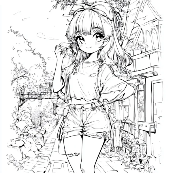 Cute japanese anime girl on a street, japanese manga style — free printable anime characters coloring book page