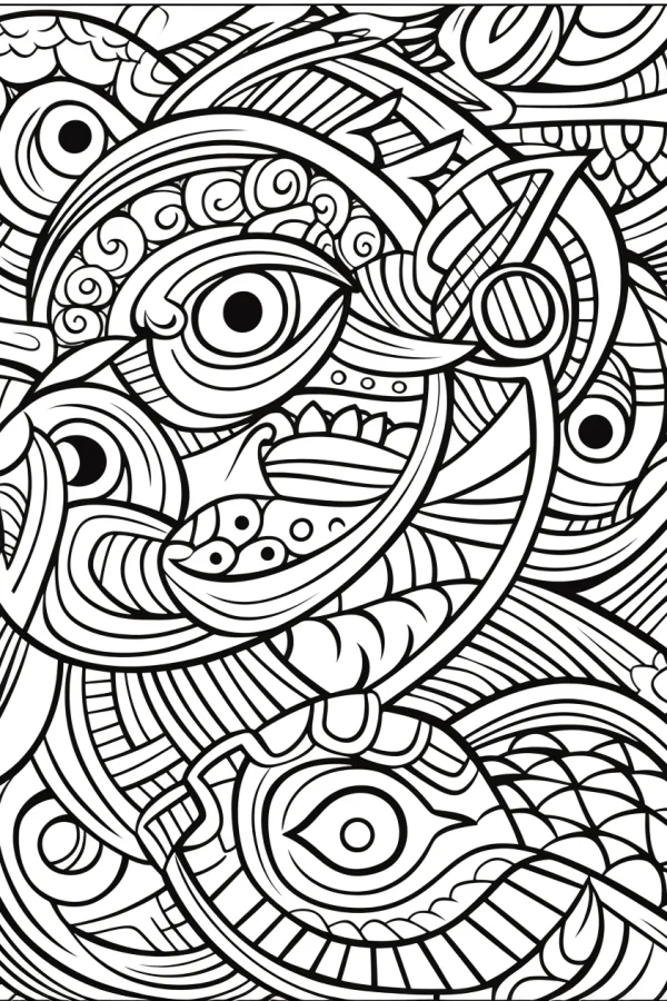Tribal totem with eye motifs, maya style — free printable aztec coloring book page