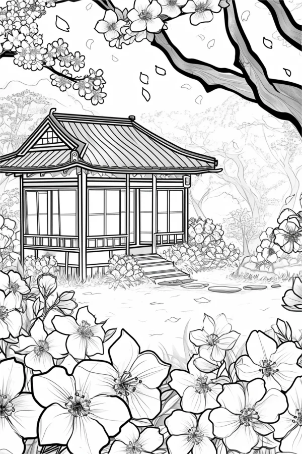 Coloring book page, traditional japanese cottage surrounded by cherry blossoms and various flowers — free printable traditional architecture coloring book page