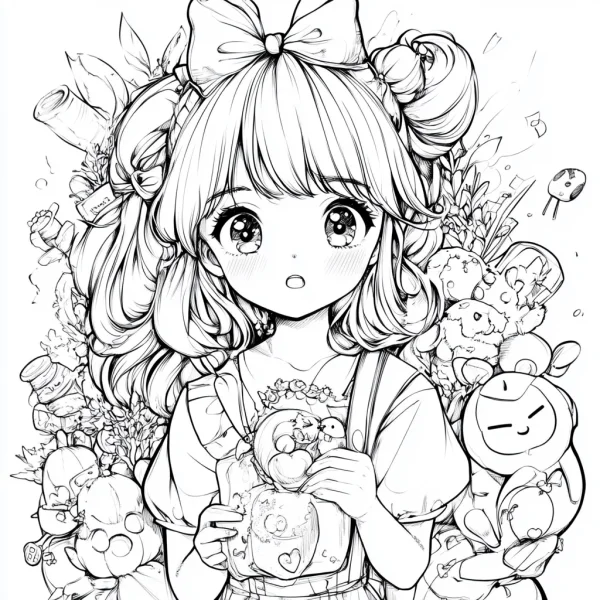 Cute cartoon girl with big bow and curly hair, holding cute dolls — free printable coloring page