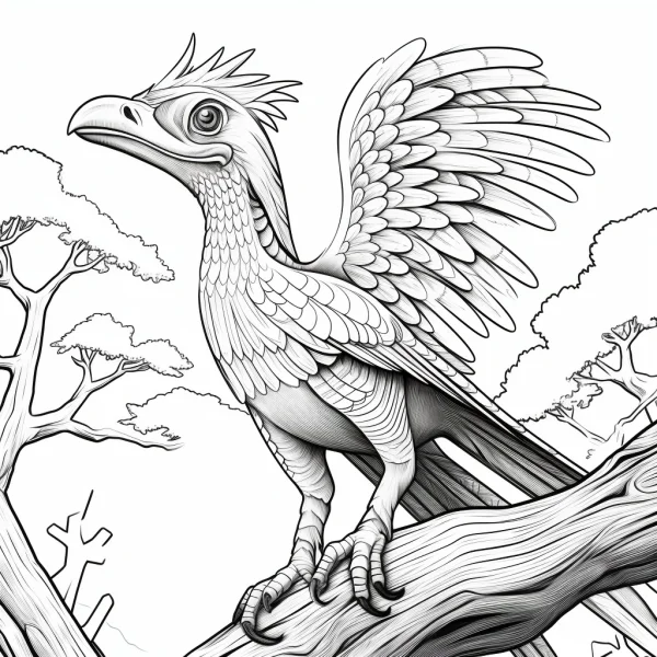 Prehistoric bird standing on tree branch, realistic sketch style — free printable coloring page