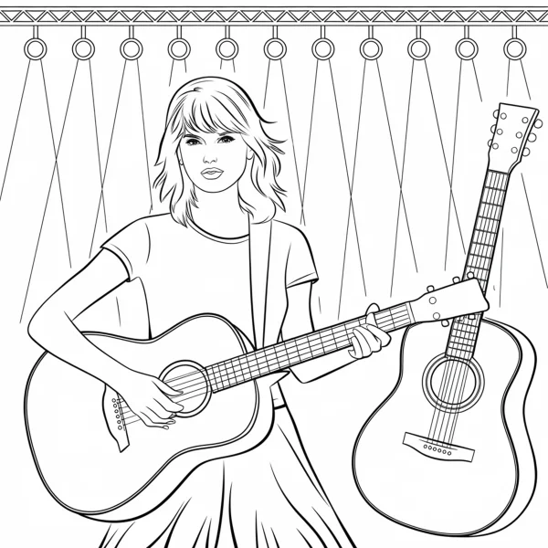 Female singer holding an acoustic guitar on stage, realistic line art style — free printable stage performance coloring book page