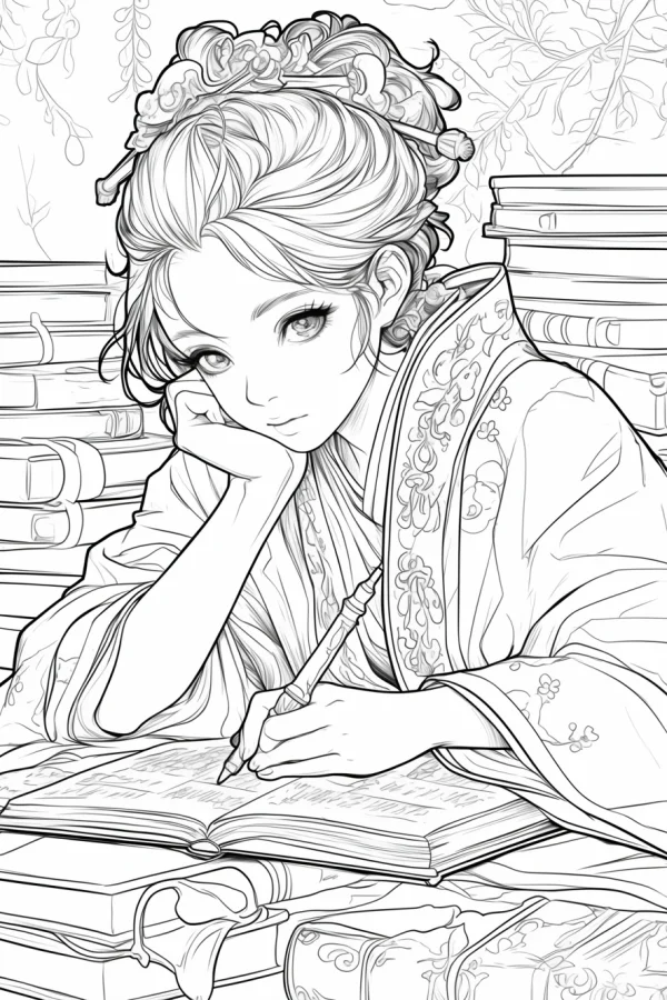 Ancient chinese girl holding a brush writing on an open book, chinese style anime line art — free printable writing coloring book page