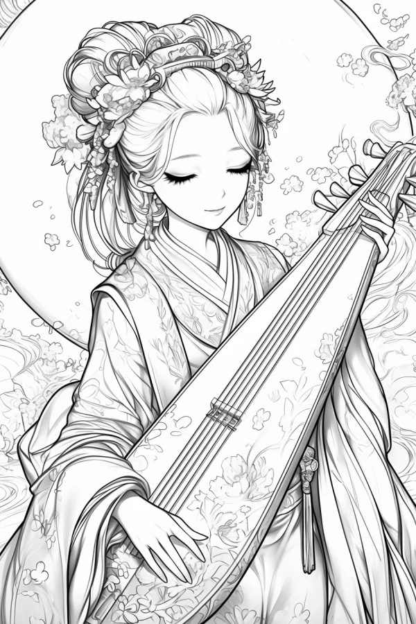 Ancient chinese lady playing pipa, chinese style anime illustration — free printable classical figures coloring book page