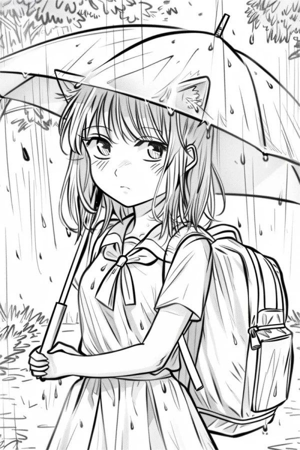 Cat-ear schoolgirl holding umbrella in rainy day, anime cartoon style — free printable rainy days coloring book page