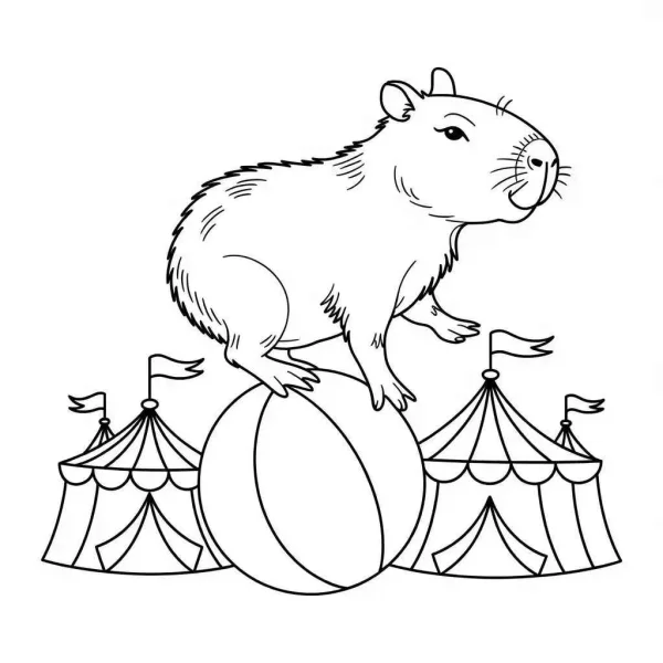 Circus capybara standing on a large ball, with circus tents and small flags in the background — free printable circus coloring book page