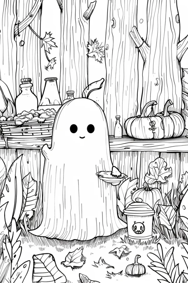 Cute ghost, cartoon fairy tale style — free printable coloring page