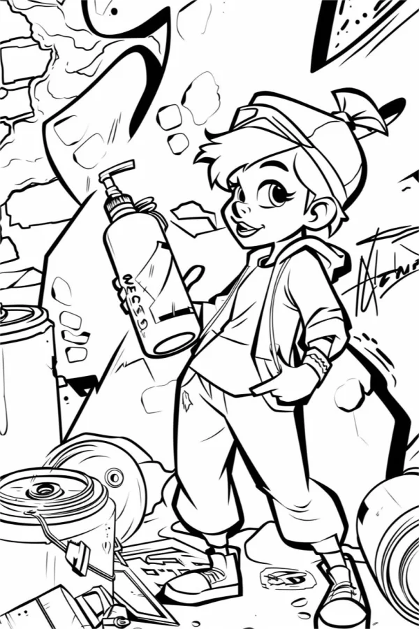 Graffiti boy holding spray can, cartoon style — free printable graffiti art coloring book page