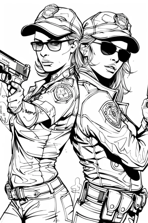 Two female sheriff officers holding guns, american comic style — free printable police coloring book page
