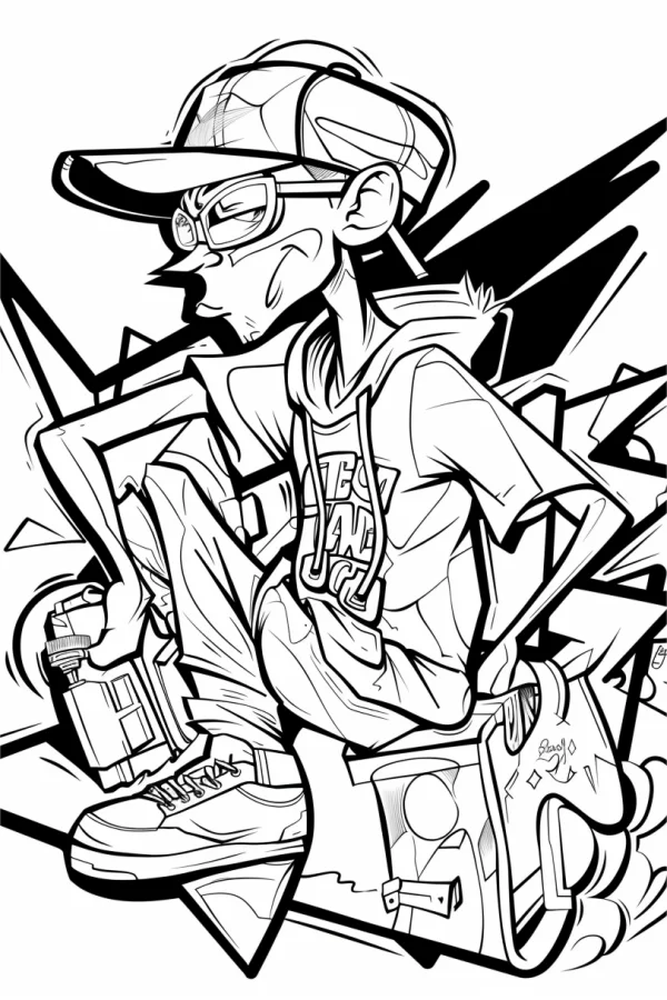 Coloring book page, street graffiti teen boy wearing cap and glasses — free printable trend coloring book page