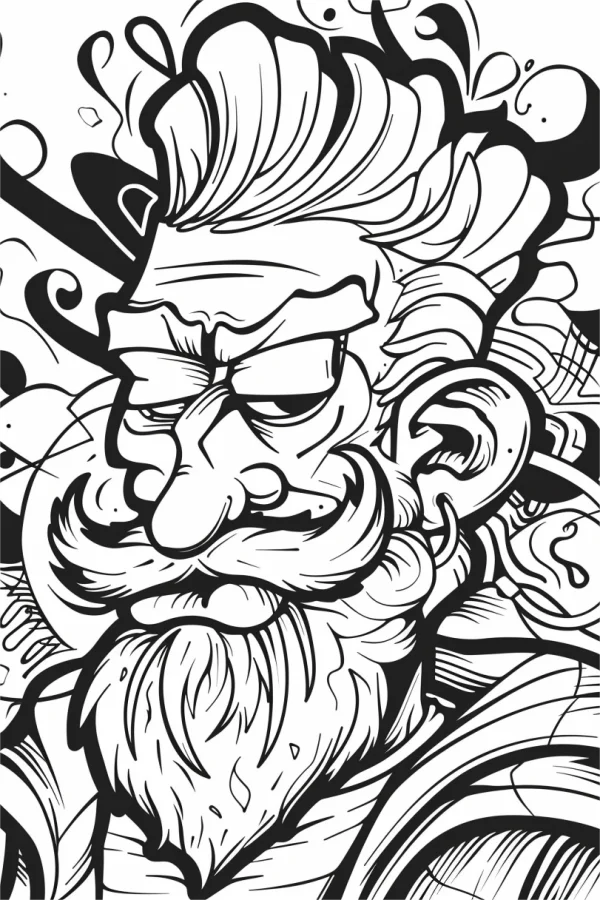 Cartoon old man with big beard and exaggerated hairstyle, graffiti art style — free printable graffiti art coloring book page