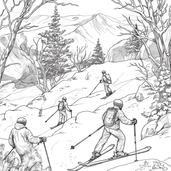 Group of skiers in winter mountain landscape, realistic sketch style — free printable outdoor sports coloring book page