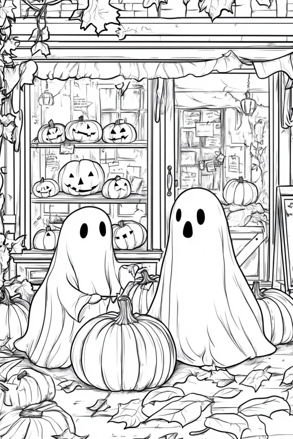 Cute ghosts and jack-o'-lanterns in front of a halloween-themed street store, cartoon style — free printable scenes coloring book page