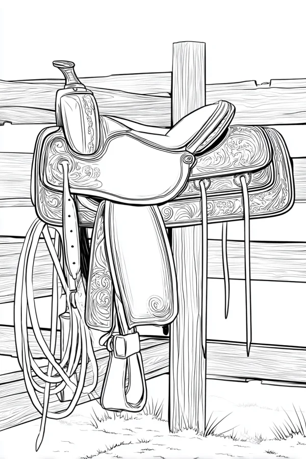 Carved western saddle hanging on a wooden fence, realistic line art — free printable equestrian coloring book page
