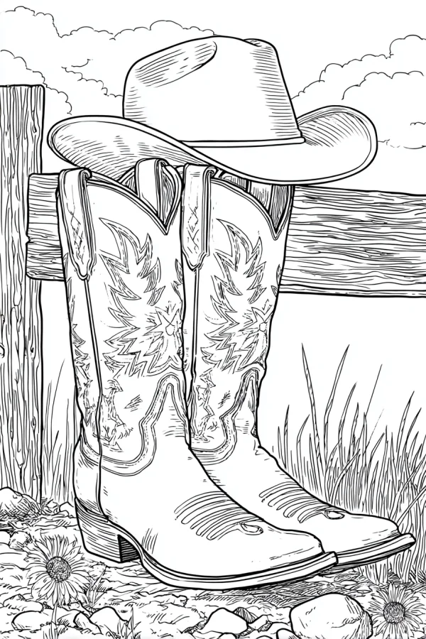 Cowboy boots and cowboy hat leaning on wooden fence, rustic country scene with grass — free printable west coloring book page