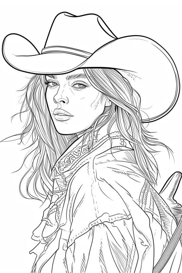 Cowgirl wearing cowboy hat, realistic sketch style — free printable western style coloring book page