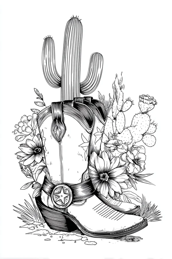 Cowboy boot with saguaro cactus, prickly pear cactus and desert flowers — free printable western style coloring book page
